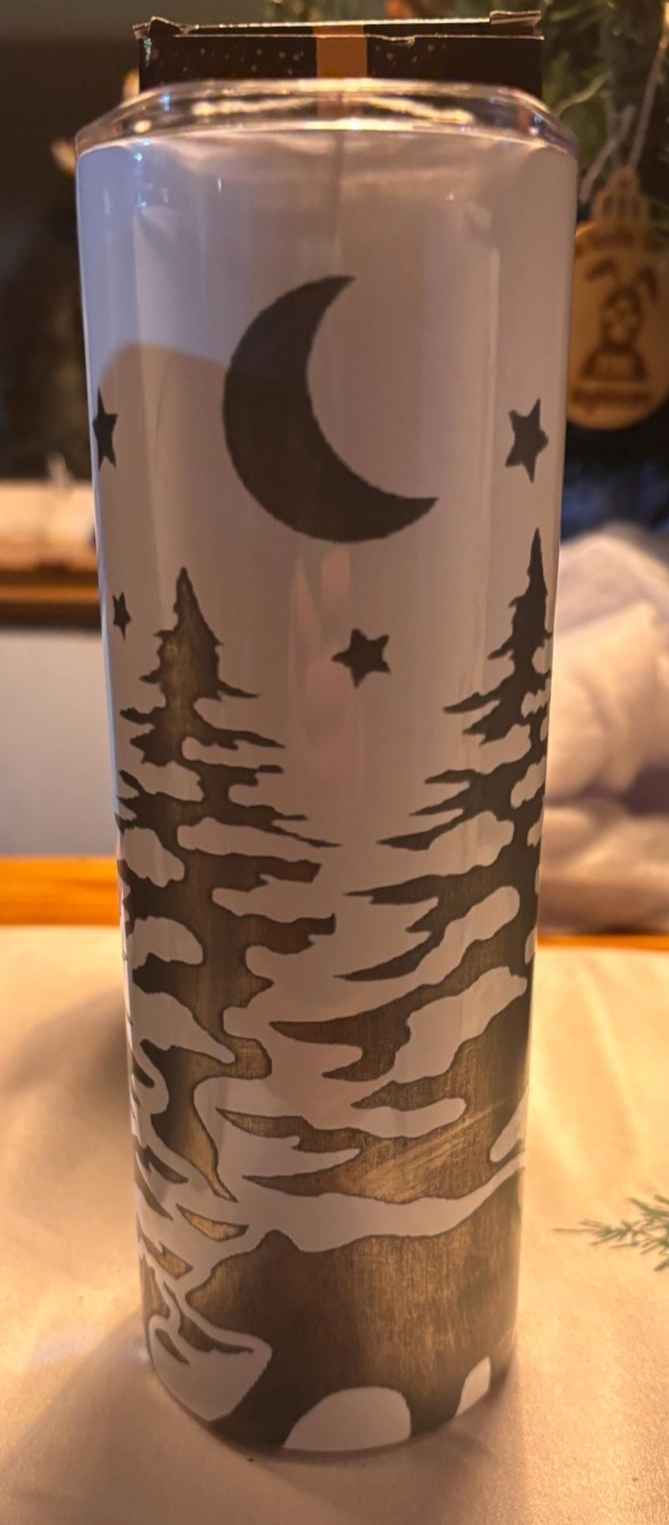 20 OZ Stainless Steel Tumbler with Winter Night Scene, Moon and stars Laser Engraved  design