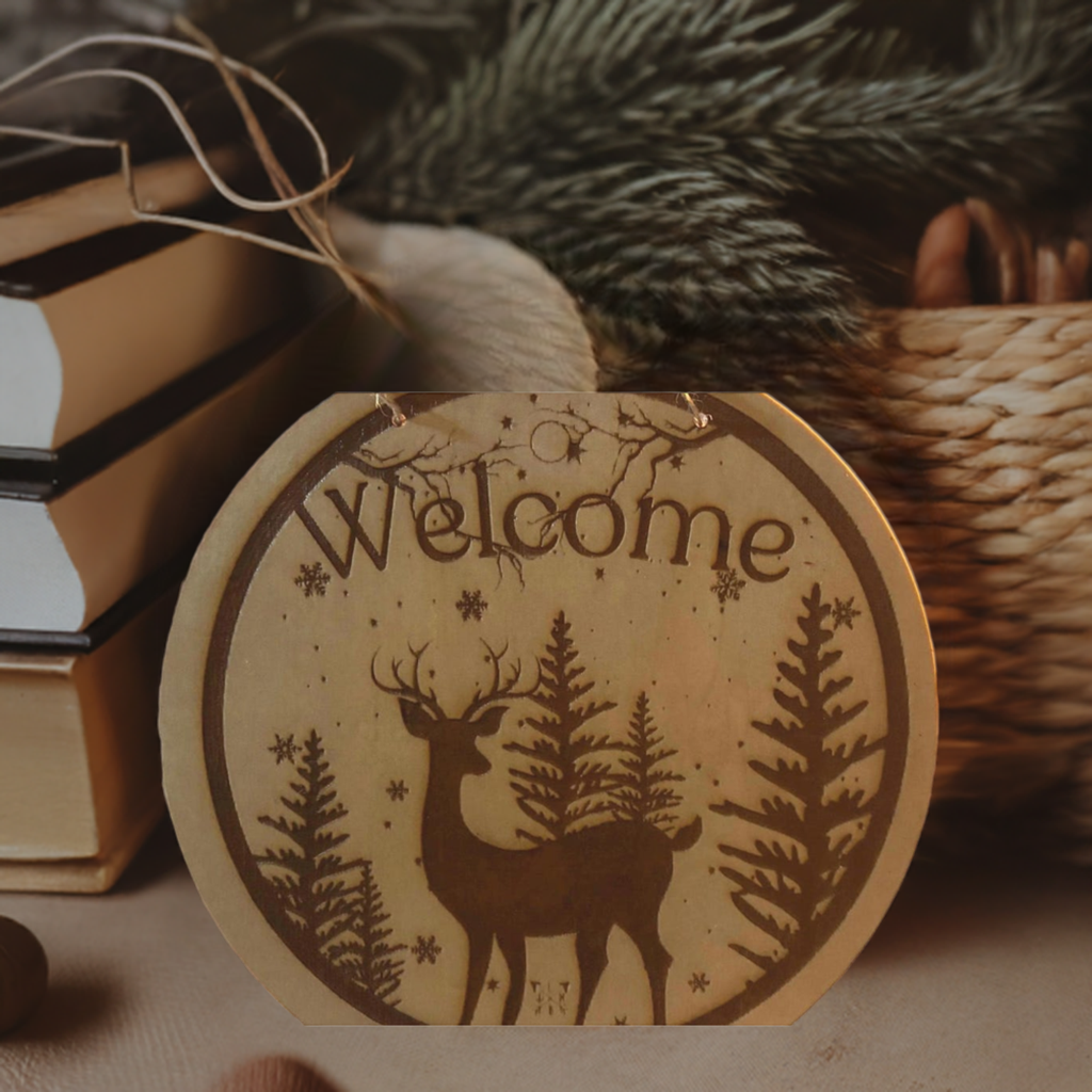 Rustic Laser Engraved Welcome Round Wood Hanging Sign