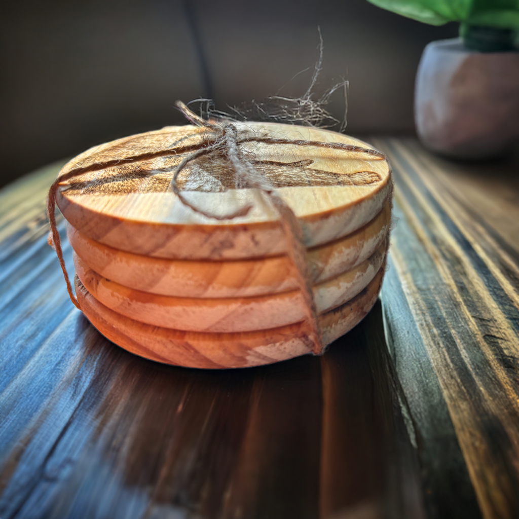 Rustic Decor Theme Wooden Coasters Set of 4, Decorative Round Design