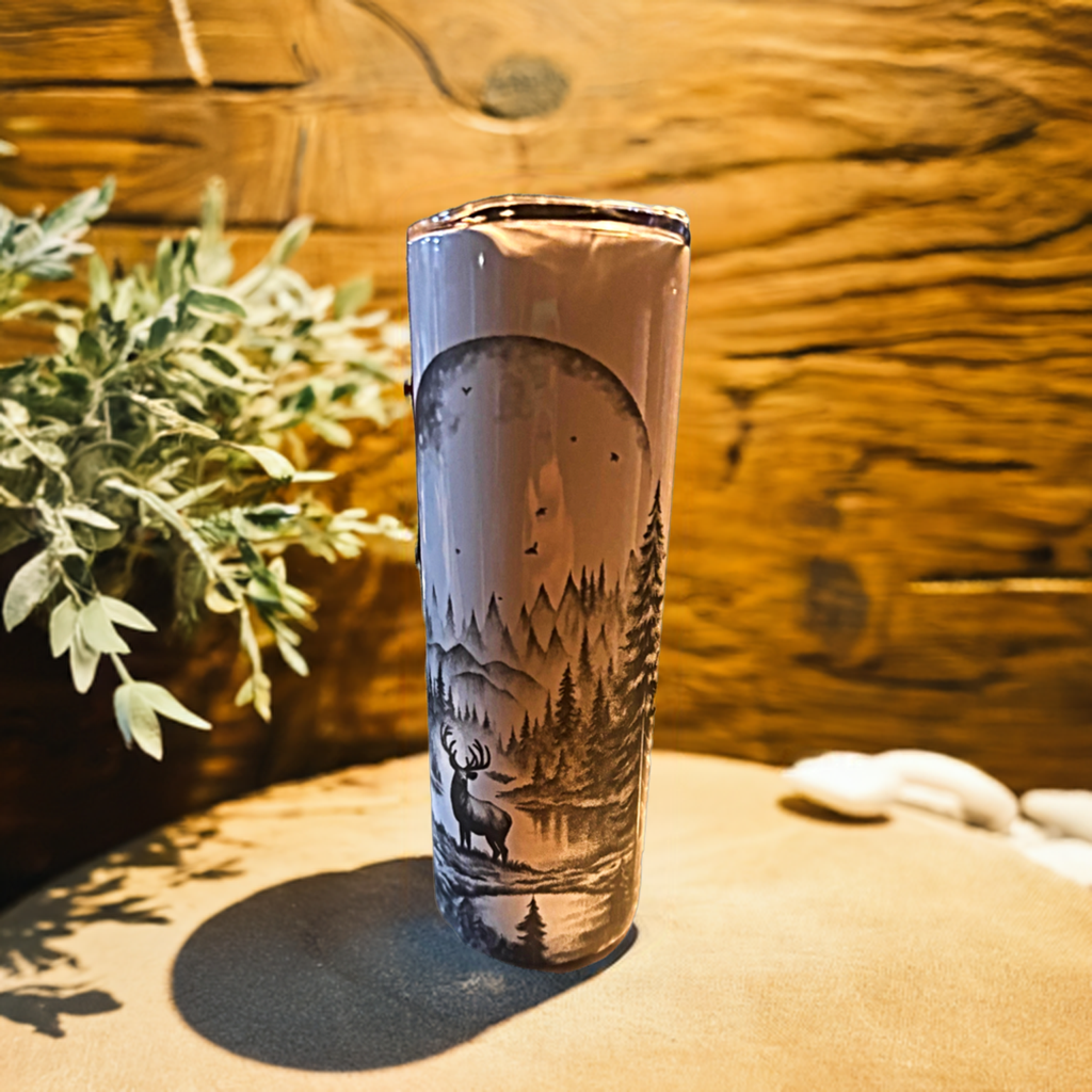 20 oz Stainless steel tumbler . Handcrafted Laser Engraved Deer Nature Scenary.